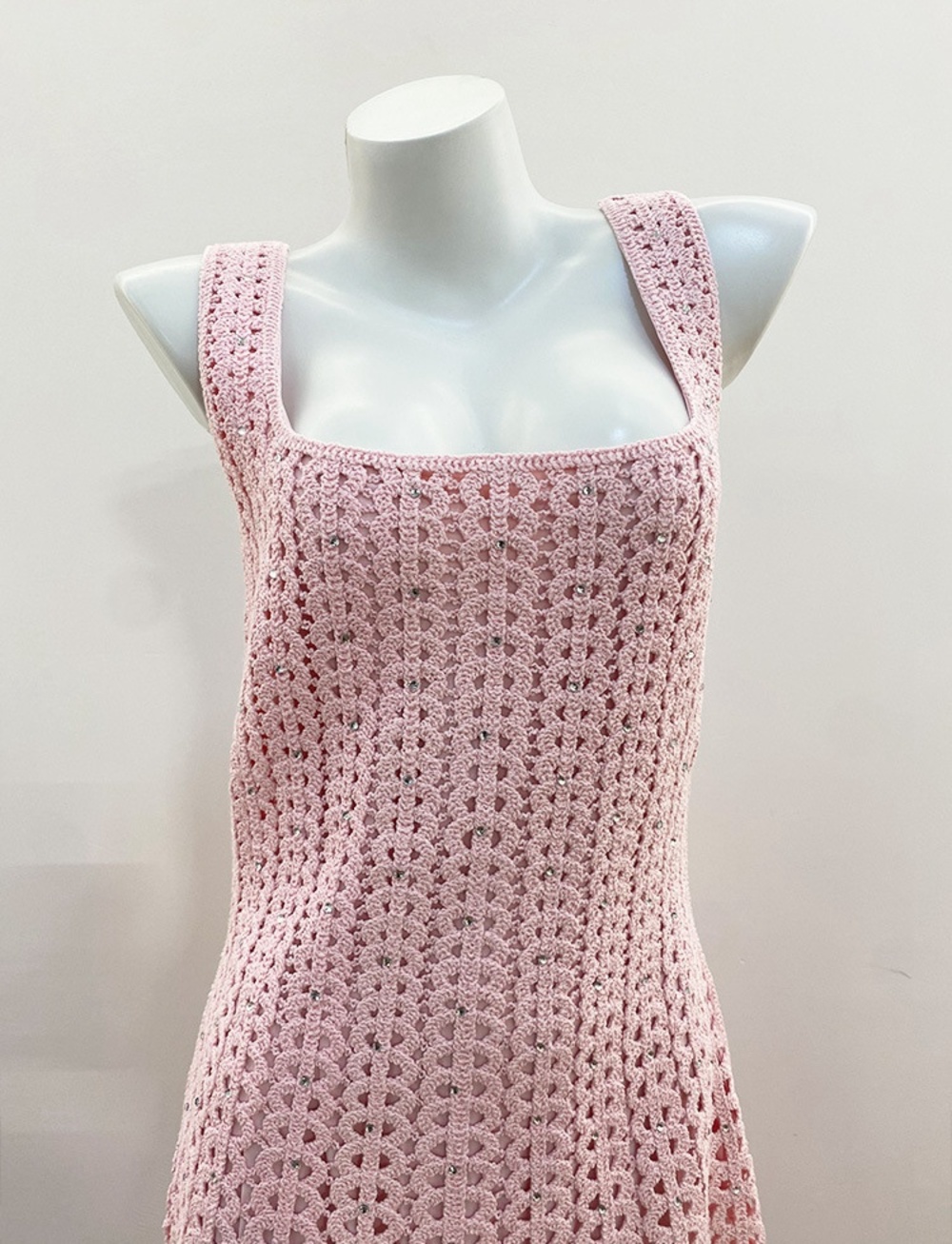 💖Maje Pink Crochet Sleeveless Midi Dress Square Neck Cutout Lace - Picture 4 of 9